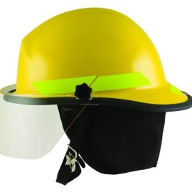 casco de bombero bullard firedome de termoplastico amarillo suspension matraca 6pts c/protector facial de 4 in y cintas refleja