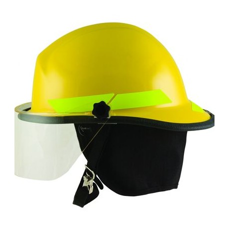 casco de bombero bullard firedome de termoplastico amarillo suspension matraca 6pts c/protector facial de 4 in y cintas refleja