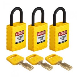 kit de 3 candados brady cptylw25plka3pk de nylon amarillo compactos pbloqueo llaves iguales