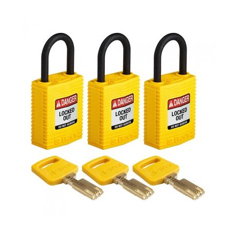 kit de 3 candados brady cptylw25plka3pk de nylon amarillo compactos pbloqueo llaves iguales