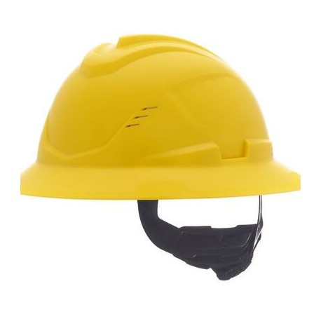 casco msa vgard c1 de polietileno de alta densidad amarillo de ala completa ventilado suspension de 4 puntos cajuste fastrac ii